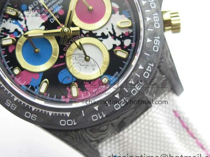 0413 ComfortFit Daytona DIW Carbon OMF Best Edition Blue Pink White Dial on White Nylon Strap A 2833